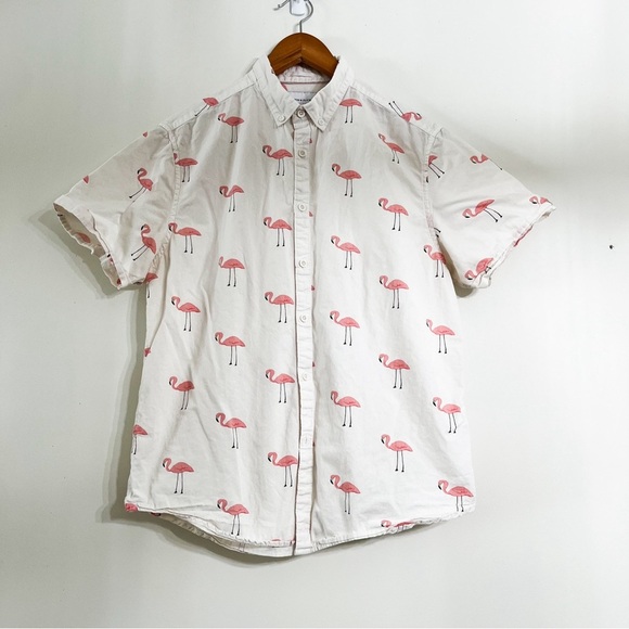 Denim & Flower Other - Denim & Flower Cotton Short Sleeves Button Down Shirt Pink Flamingos Slim L